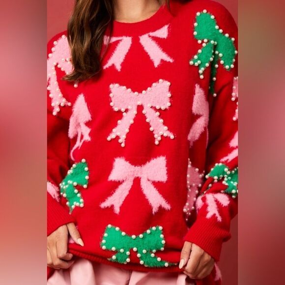 900. PEARL AND BOW EMBELLISHED SWEATER - Picture 1 of 11